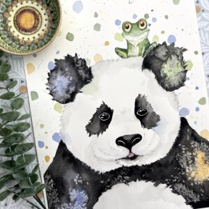 Panda ja sammakko akvarellimaalaus taiteen verkkokaupasta